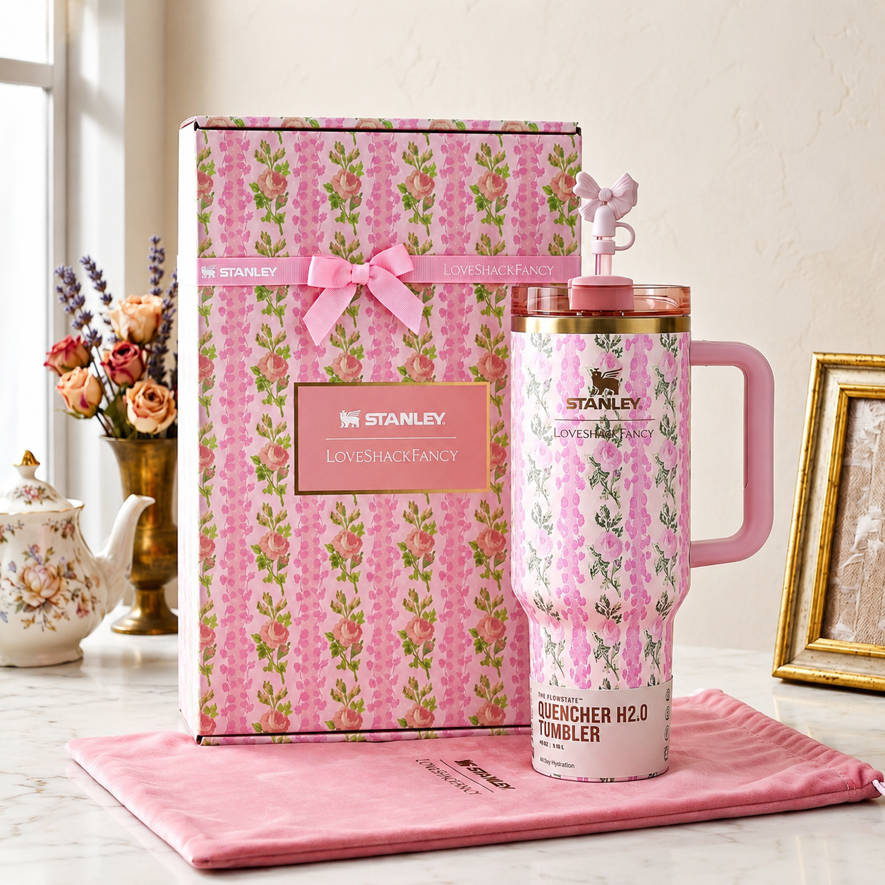 Stanley x LoveShackFancy Quencher H2.0 40 oz Pink Floral Tumbler