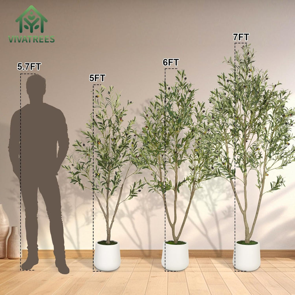 Olive Trees Artificial Indoor, 6FT Tall Faux Olive Tree with White Tall Planter, Artificial Plants with Natural Wood Trunk and Lifelike Fruits for Home Office Decor
